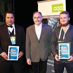 The Tomorrow's Leaders Award winners are honoured by Q&M magazine editor, Alan Titchall (pictured middle, top), at the AQA/IOQ Conference awards dinner sponsored by Transdiesel. Jake Rouse (left) and Jason Kerrison were each given a certificate and $1000 cash to spend how they like. 