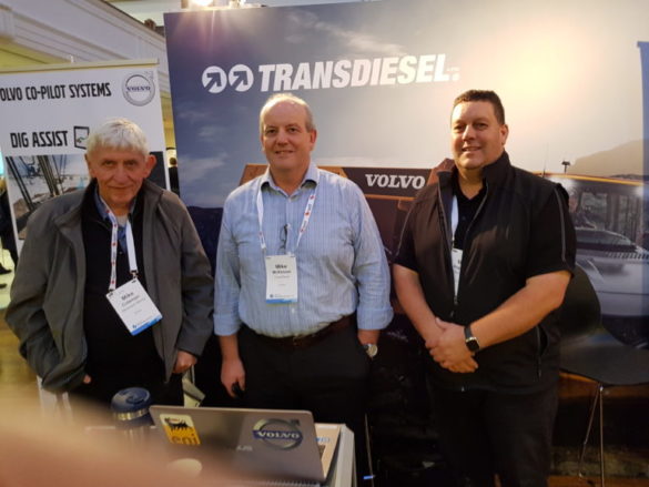 At the TransDiesel (Volvo) stand: Mike Coleman, Stevensons Mining: Mike McKessar, TransDiesel; and Mark Hopwood, Otago Southland Territory manager, TransDiesel. Mark is also on the IOQ/AQA 2019 conference planning committee. 